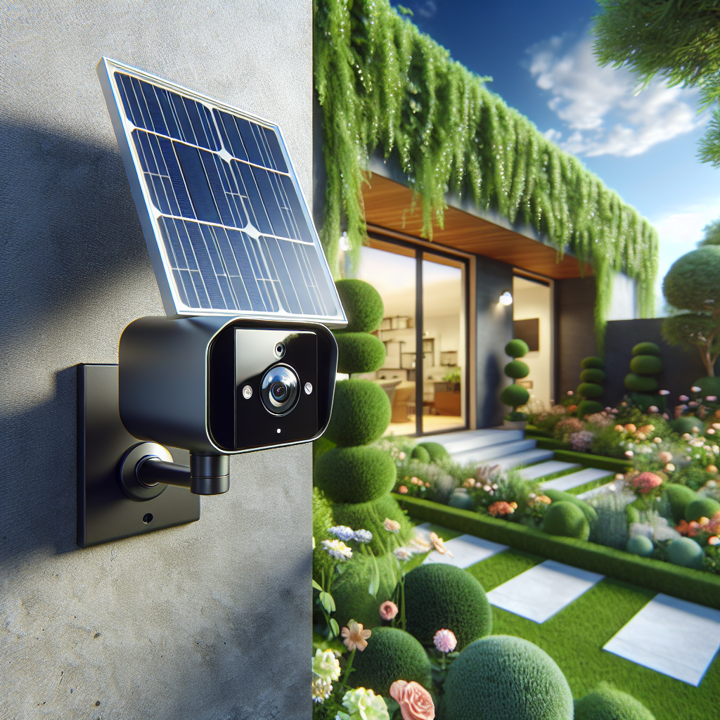 A solar-powered security camera mounted outside a modern home with a garden in the background.