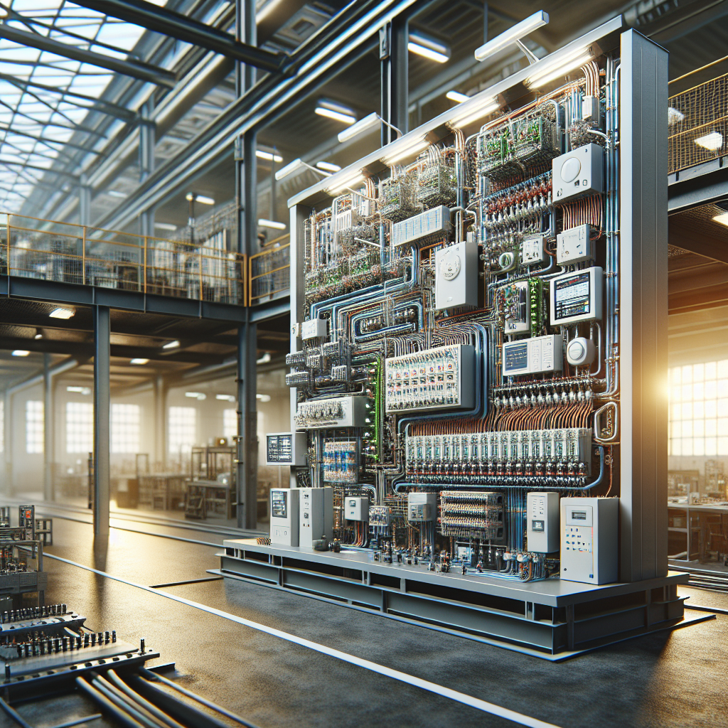 A realistic image of low voltage systems with circuit boards, wiring, and smart devices in a modern setting