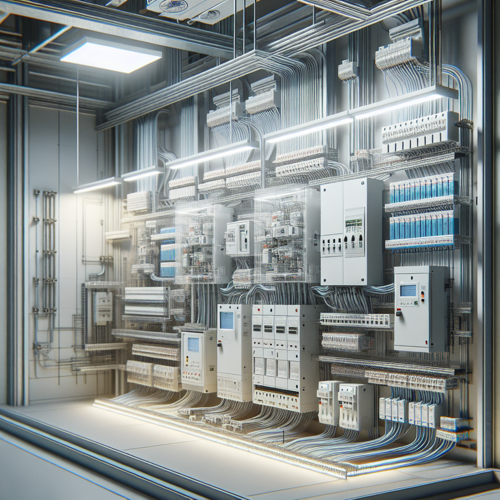 A realistic image of a low voltage electrical system setup in a technical room.