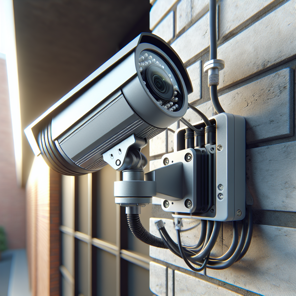 A realistic image of a modern security camera installation on a building wall.