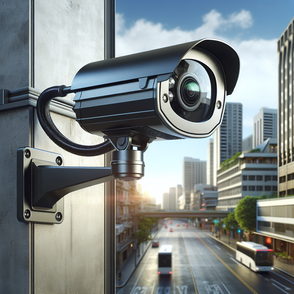 A modern security camera mounted on a building exterior in an urban setting.