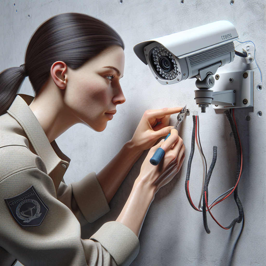 A technician installing a security camera on a wall.