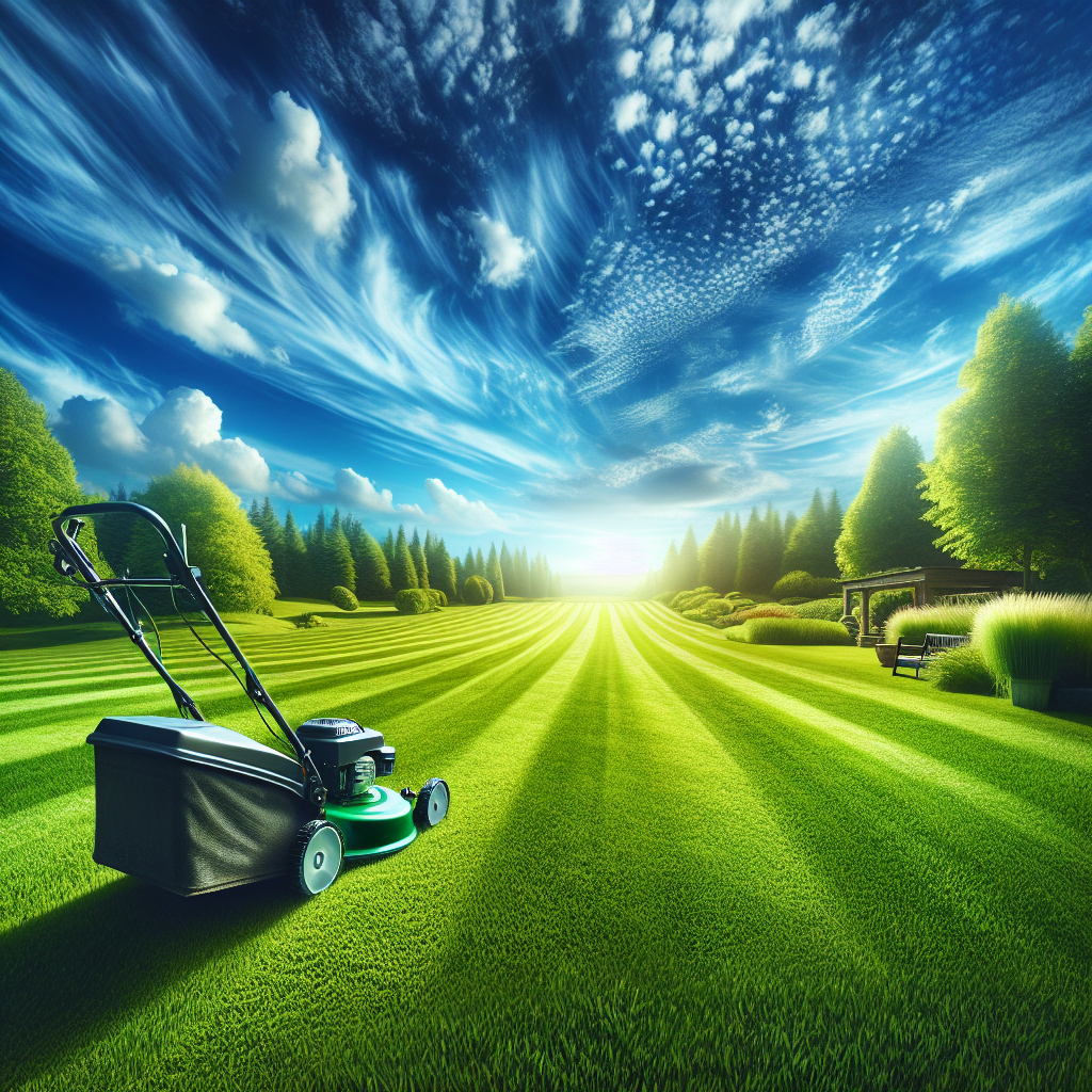 A pristine, well-maintained lawn with a segment of a lawn mower on the right, under a blue sky, symbolizing professional lawn care services.