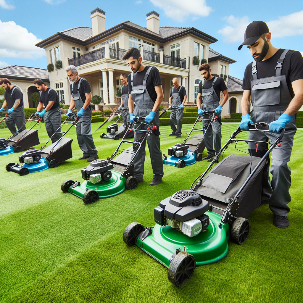 A team of lawn care professionals meticulously maintaining a lush green lawn with modern equipment, with a luxurious home in the background under clear blue skies.