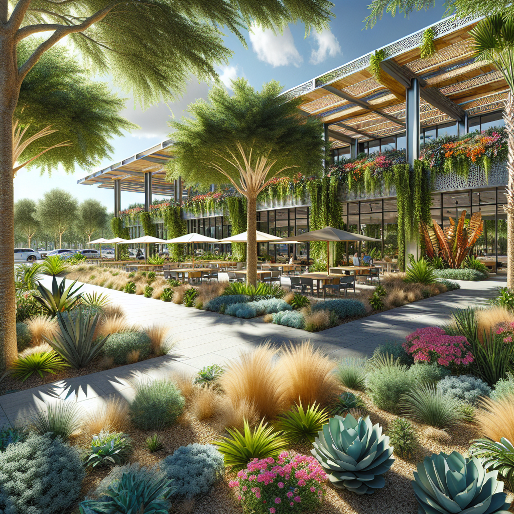 A Florida commercial landscape design with native plants, shaded areas, and resilient structures, embodying a balance of beauty and sustainability.