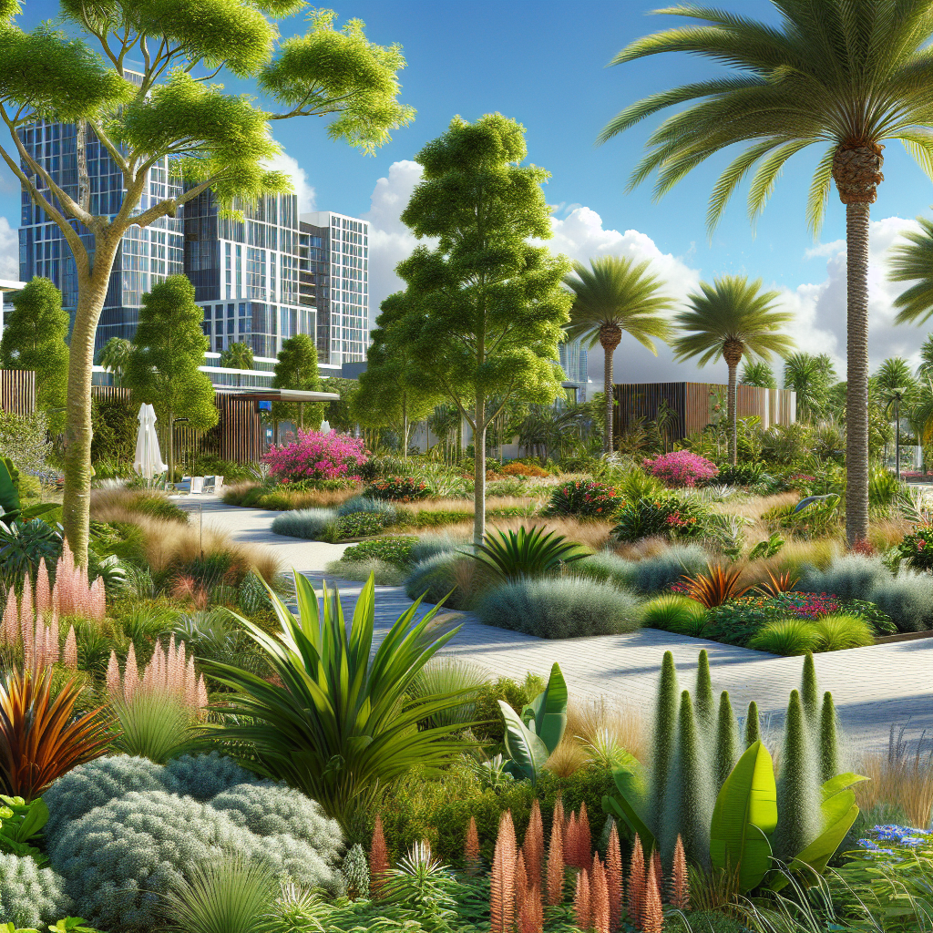 A realistic image of a sustainable and resilient commercial landscape design in Florida, demonstrating native plants and eco-friendly practices.