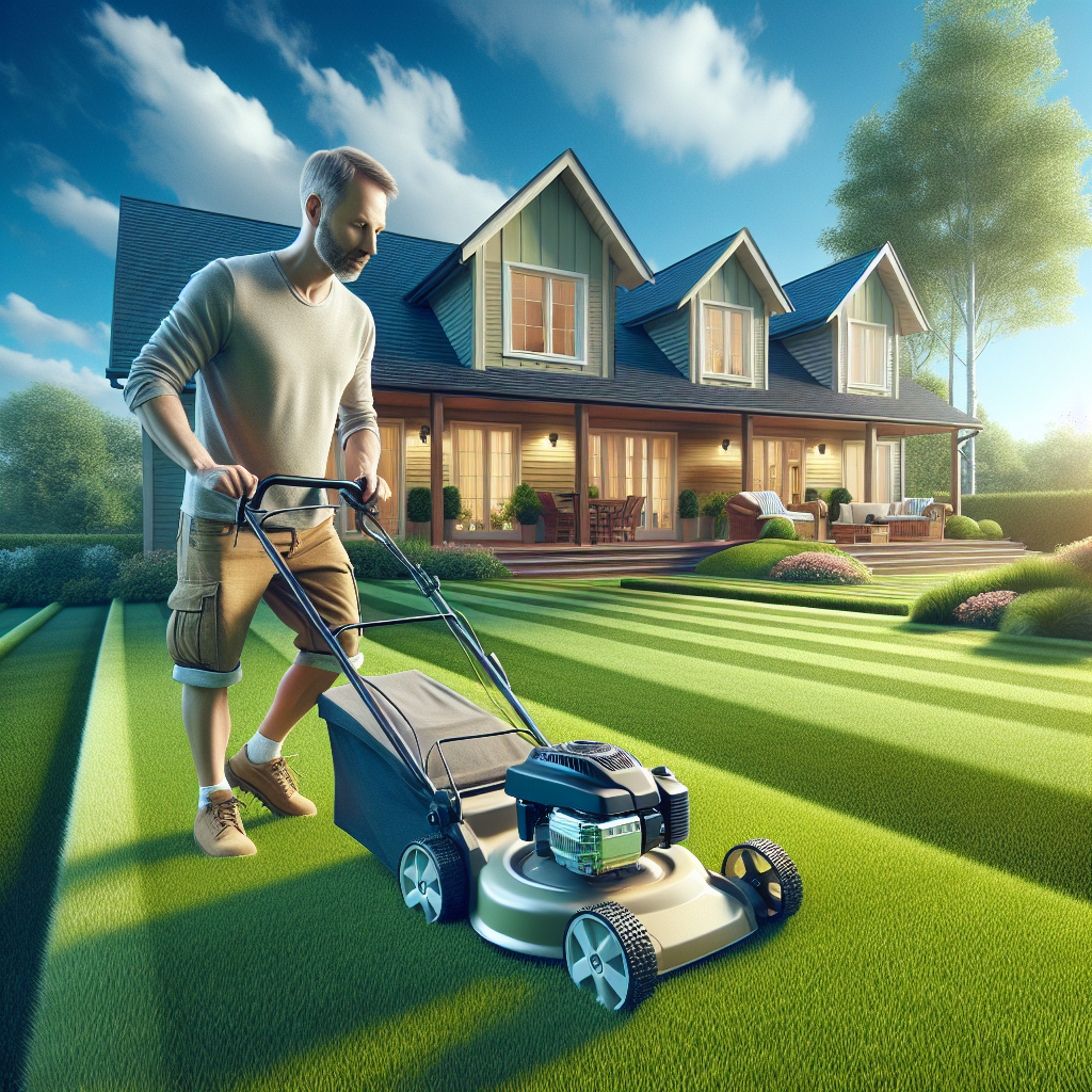 A person mowing a vibrant green lawn with a cozy house in the background and blue sky above.