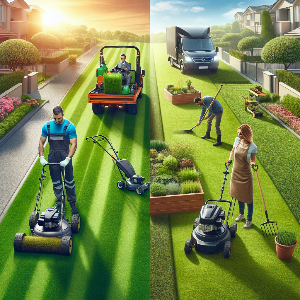 Image contrasting professional lawn care with a branded van and industry equipment on one side and a homeowner performing DIY lawn care on the other side on a sunny day.