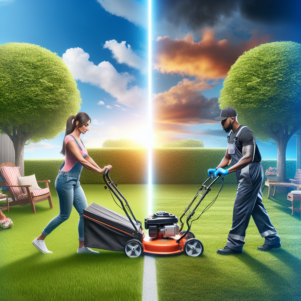 A split scene depicting a homeowner doing DIY lawn care on one side and a professional lawn service worker on the other, both caring for vibrant green lawns.