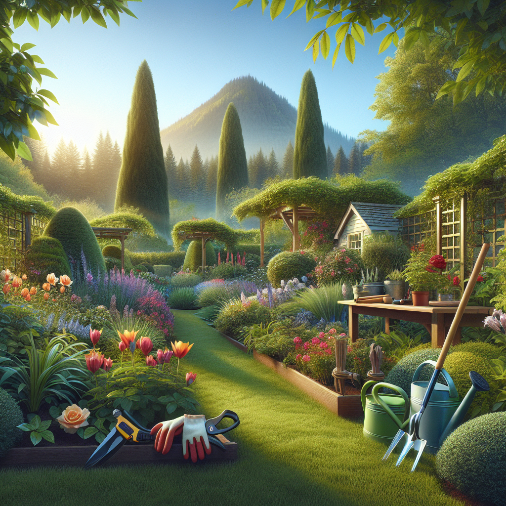 Realistic image of a well-maintained Portland garden with lush greenery, vibrant flowers, and gardening tools, under a clear blue sky.