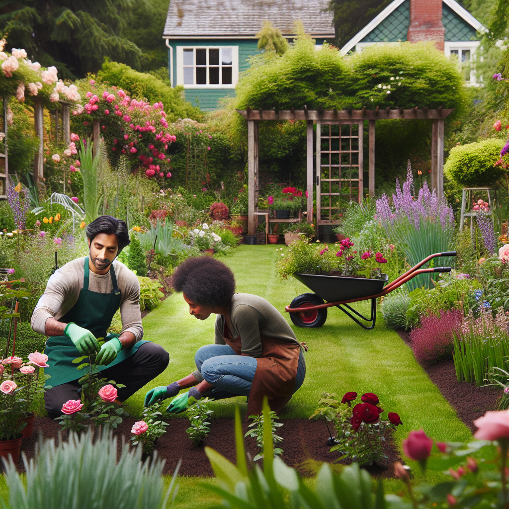 Garden maintenance team working in a lush and colorful Portland garden.