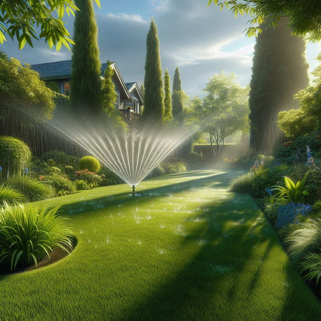 A well-maintained Portland lawn with an operating sprinkler system, healthy plants, and a backdrop of clear skies.