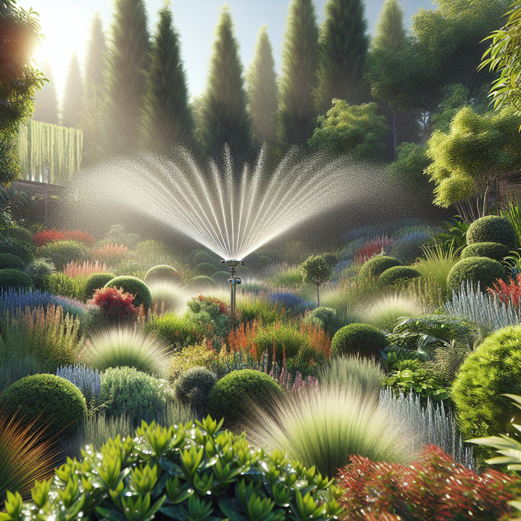 Realistic image of a Portland garden being watered by a sprinkler system, with focus on the sprinkler head and vibrant plants in the sunshine.