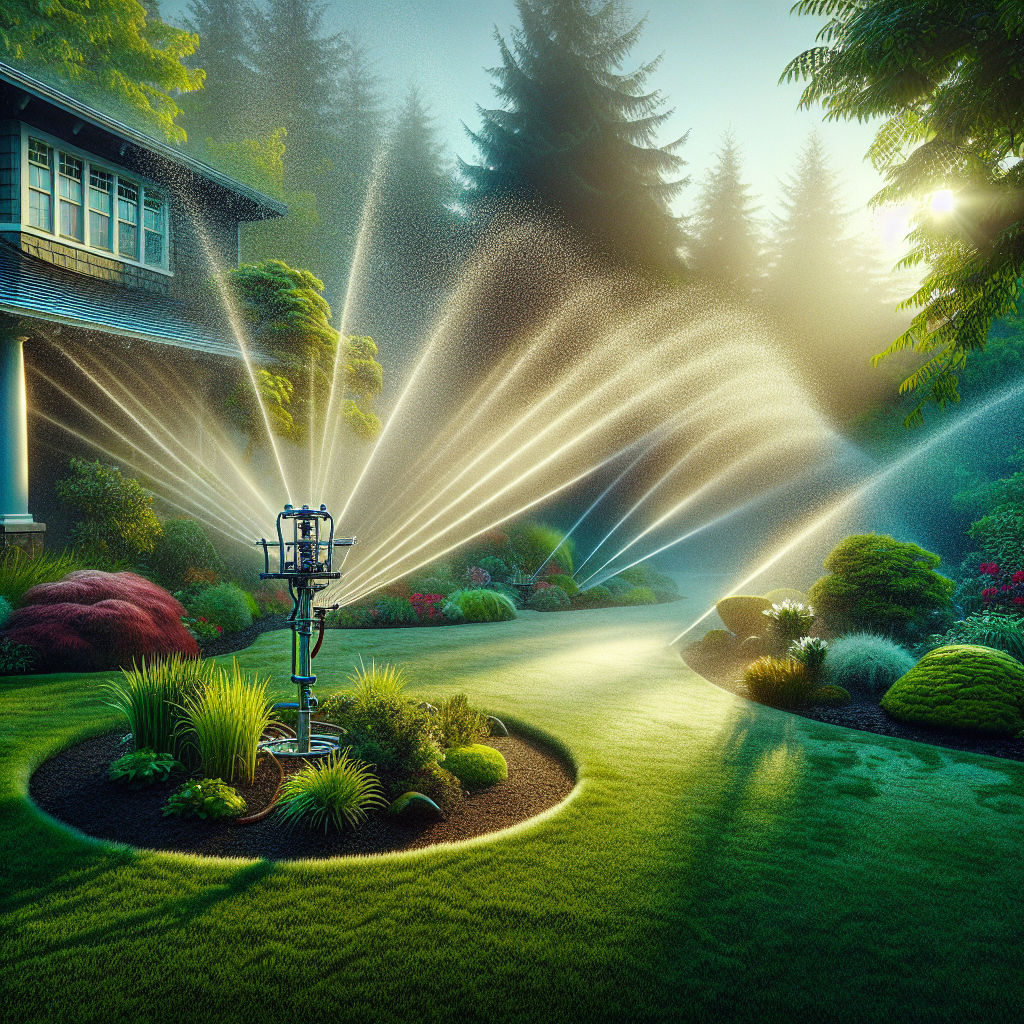 A lush front yard in Portland with an integrated, active sprinkler system and a subtle rainbow effect from water droplets in the sunlight.