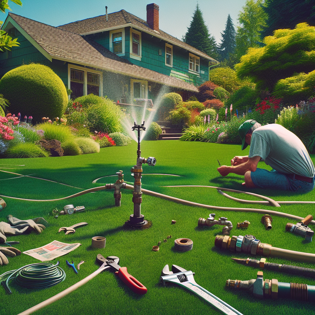 Hands repairing a broken sprinkler head on a green lawn with Portland residential backdrop, in a clear, bright daytime setting.