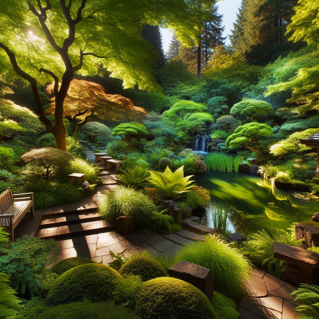 Lush and green Portland garden with native plants, a stone pathway, wooden benches, and a small pond with a waterfall on a sunny day, without any text.