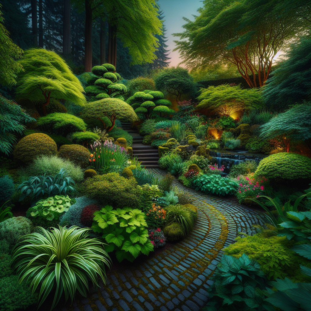 Tranquil Portland garden at dusk with native plants, a cobblestone pathway, and a water feature, in the Pacific Northwest style.