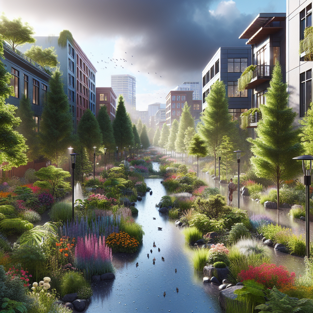 A realistic, vibrant image of a rain garden in Portland managing urban water runoff, with lush native plants and flowers, under a softly lit overcast sky.