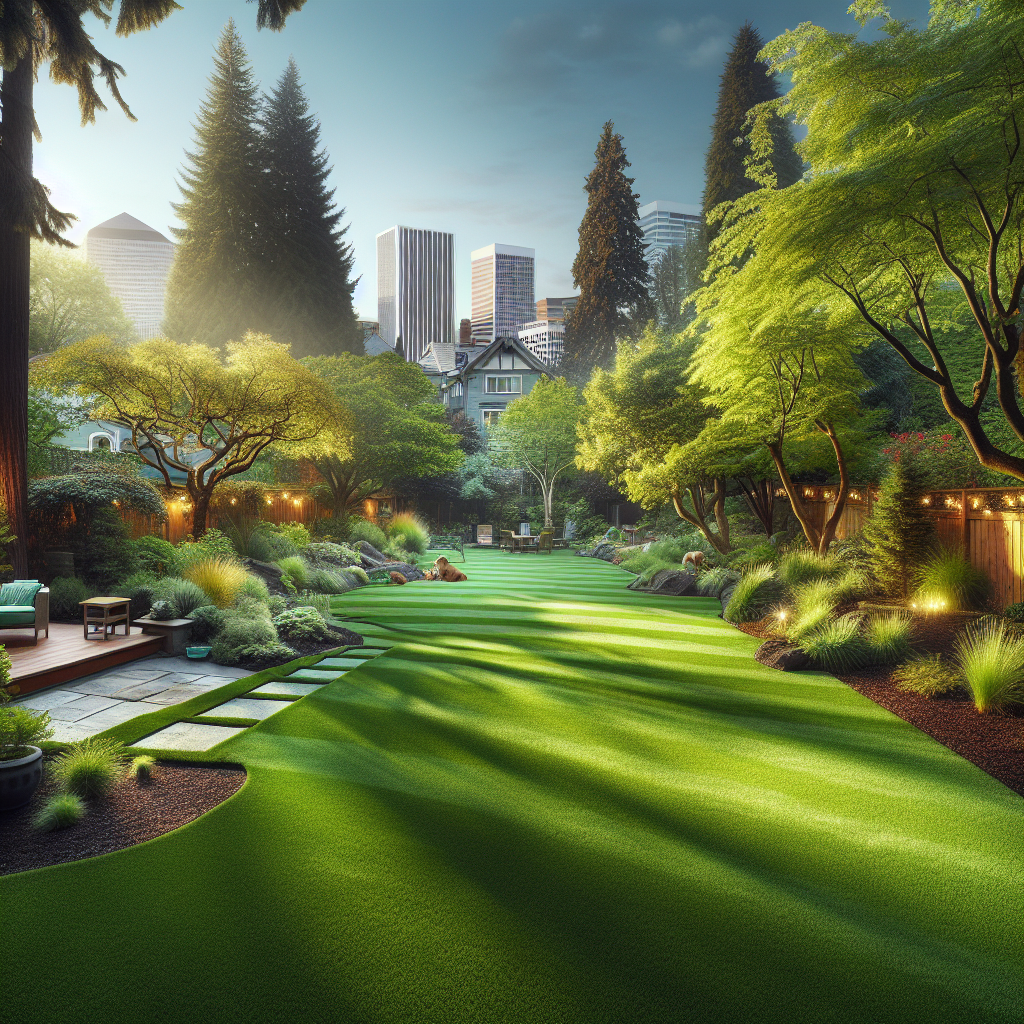 Artificial turf installed in a Portland backyard with surrounding trees and a hint of the city's urban skyline in the background, all bathed in soft morning light.