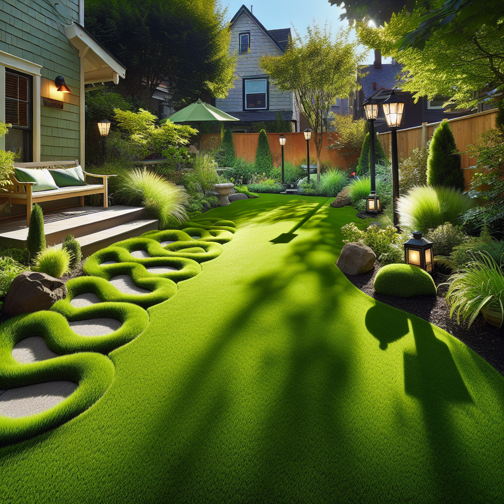 A home garden in Portland with perfect artificial turf, stone path, wooden bench, and garden lights on a sunny day, reflecting the high-quality installation in a tranquil setting.