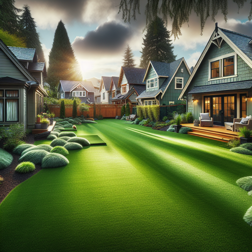 Perfectly installed lush green artificial turf in a Portland residential backyard with surrounding homes under a partially cloudy sky, reflecting Portland's unique weather.