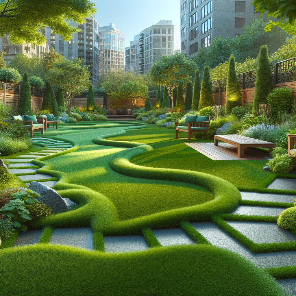 Realistic image depicting a landscaped urban backyard with artificial turf in Portland, featuring stone pathways and wooden benches with no text or people.