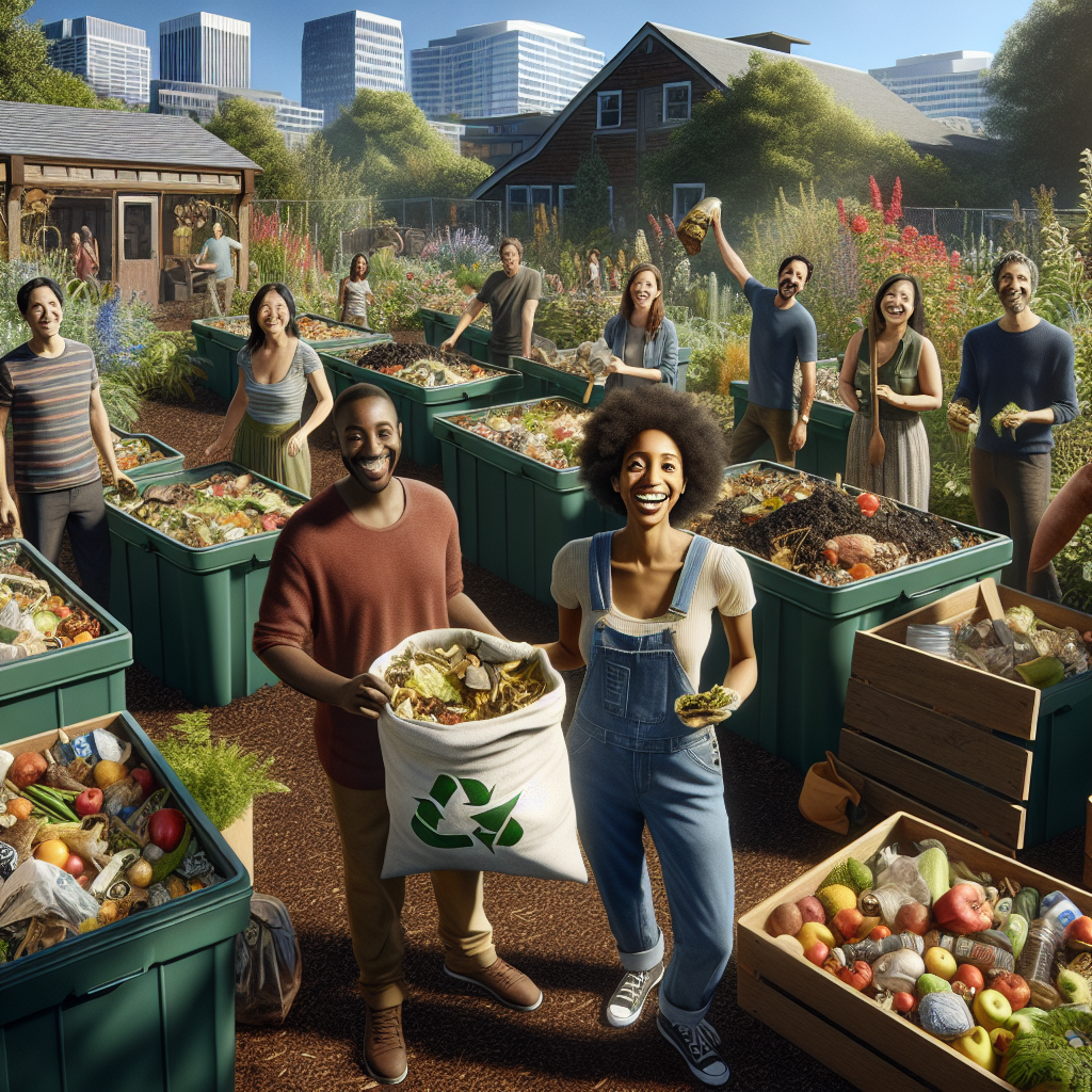 A realistic scene of a community garden in Portland with residents composting, abundant green plants, and clear blue skies, representing sustainability.