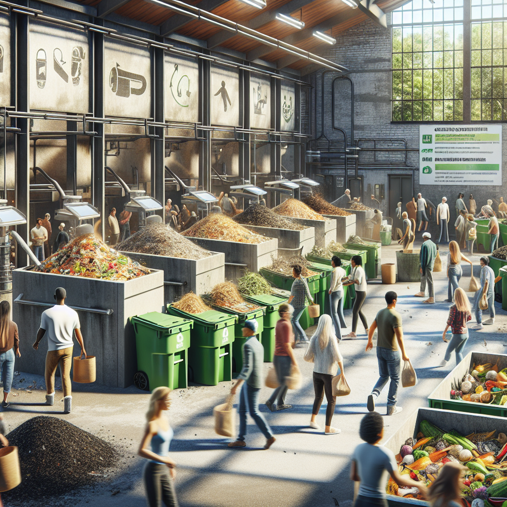 A bustling, eco-friendly compost facility in Portland with people engaging in sustainable practices, under natural bright light, promoting green initiatives.