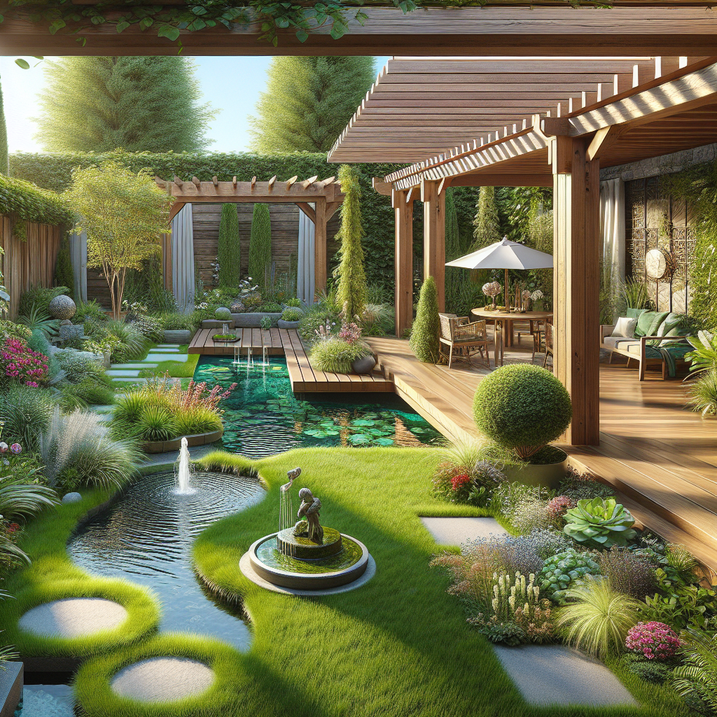 A realistic portrayal of a Portland backyard, featuring lush greenery, native plants, and sustainable design elements.