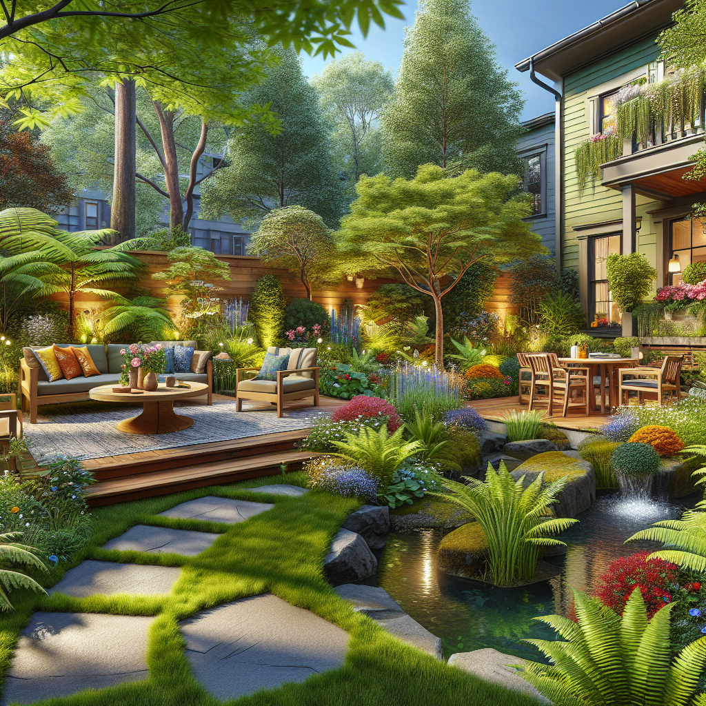 A realistic depiction of a Portland backyard design with lush local flora, water elements, sustainable pathways, and a cozy seating area.