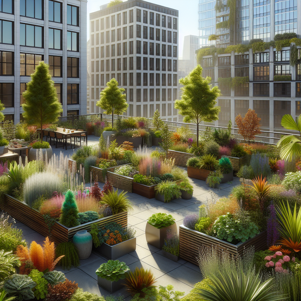 A lush Portland rooftop garden featuring a variety of plants, flowers, and modern urban design elements.