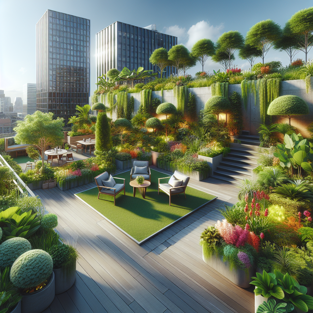 A lush rooftop garden in Portland with various plants, trees, pots, and a seating area, surrounded by urban buildings.