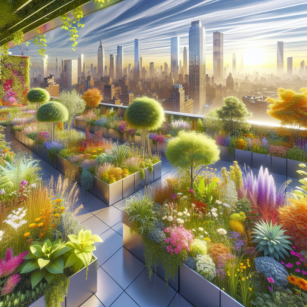 A vibrant rooftop garden in Portland with various plants and the city skyline in the background under a clear blue sky.