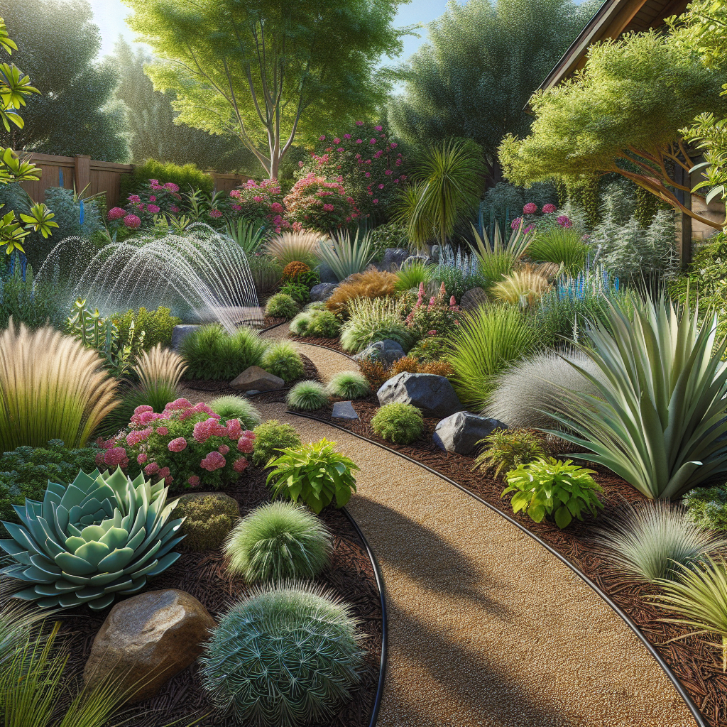 A realistic depiction of a Portland xeriscape garden featuring native plants, succulents, ornamental grasses, and efficient irrigation systems.