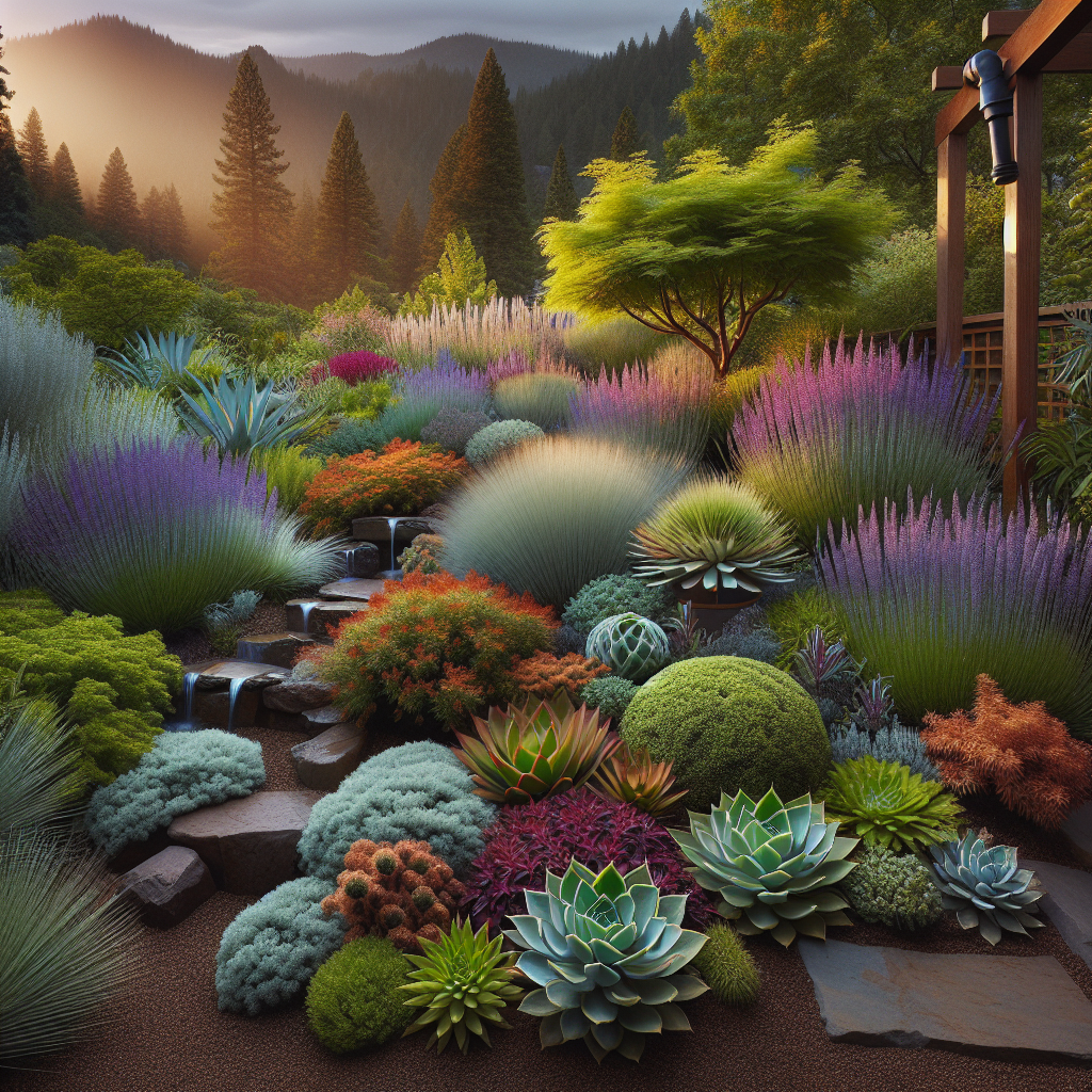 A realistic image of a xeriscape garden in Portland with native plants, showing sustainable landscaping practices.