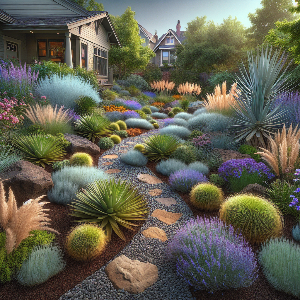 Portland xeriscape landscape featuring native plants and a stone pathway.