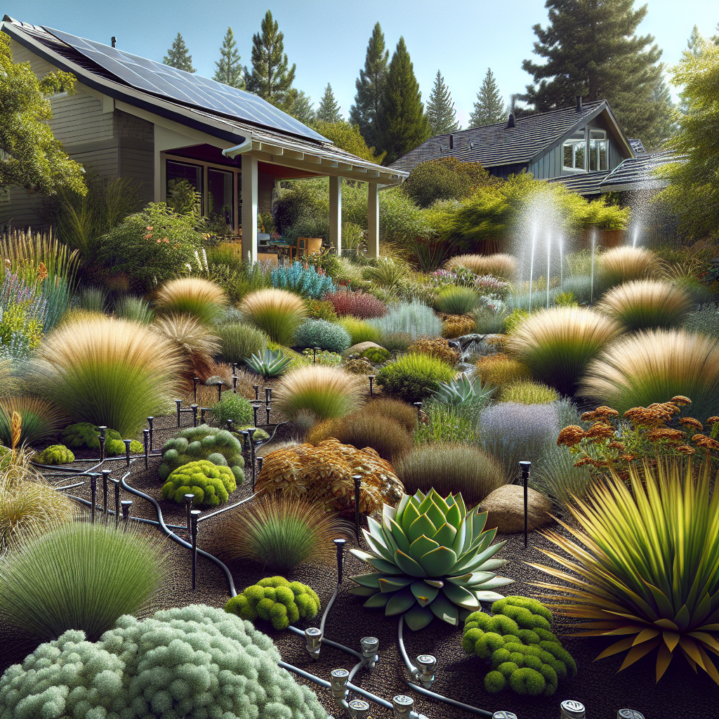 Realistic xeriscape garden in Portland with native plants and efficient irrigation systems.