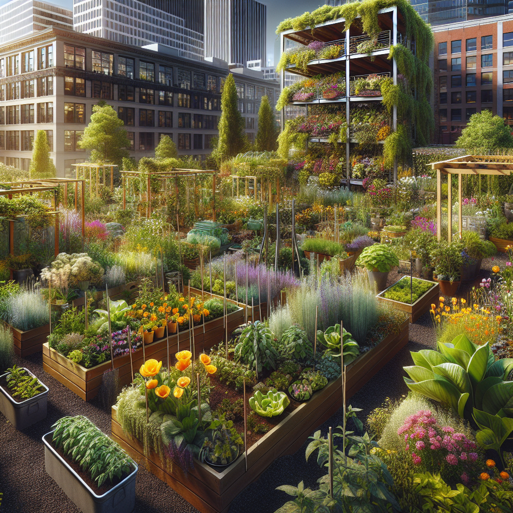 A realistic urban garden in Portland with raised beds, vertical gardens, and containers brimming with plants, set against an urban backdrop.