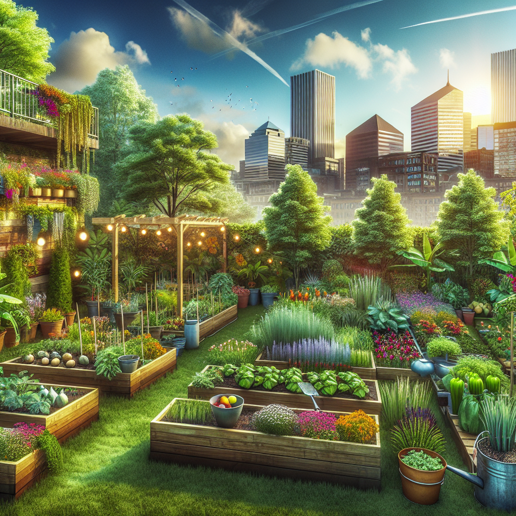 A realistic urban garden in Portland with a variety of plants, raised beds, and rooftop garden in a city setting.