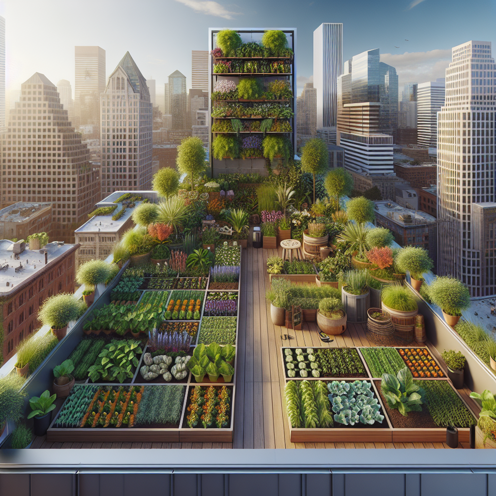 A realistic urban garden on a Portland rooftop with various plants in containers and raised beds against a city skyline.