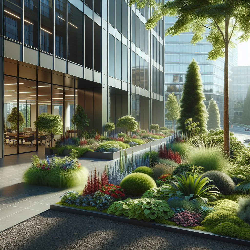 A beautifully landscaped office exterior in Portland with lush green plants, colorful flowers, and professionally arranged shrubs.