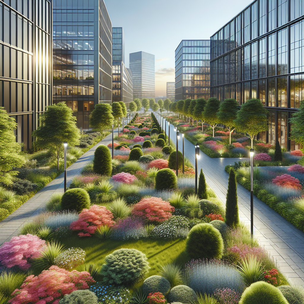 Realistic commercial landscape installation in Portland with green plants, flowers, and modern buildings.