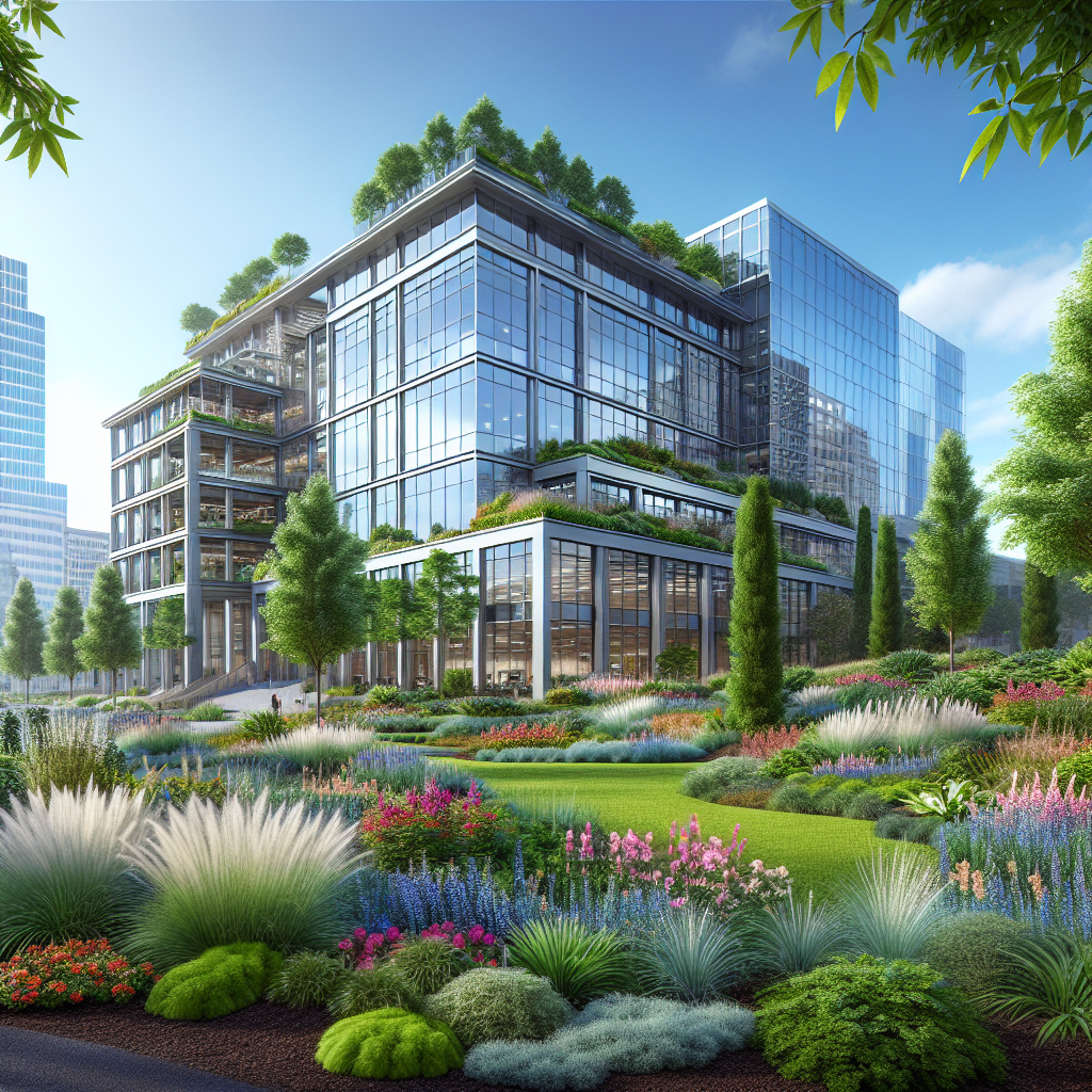 A modern office building in Portland with a beautifully landscaped exterior featuring lush greenery, colorful flower beds, and well-maintained lawns.