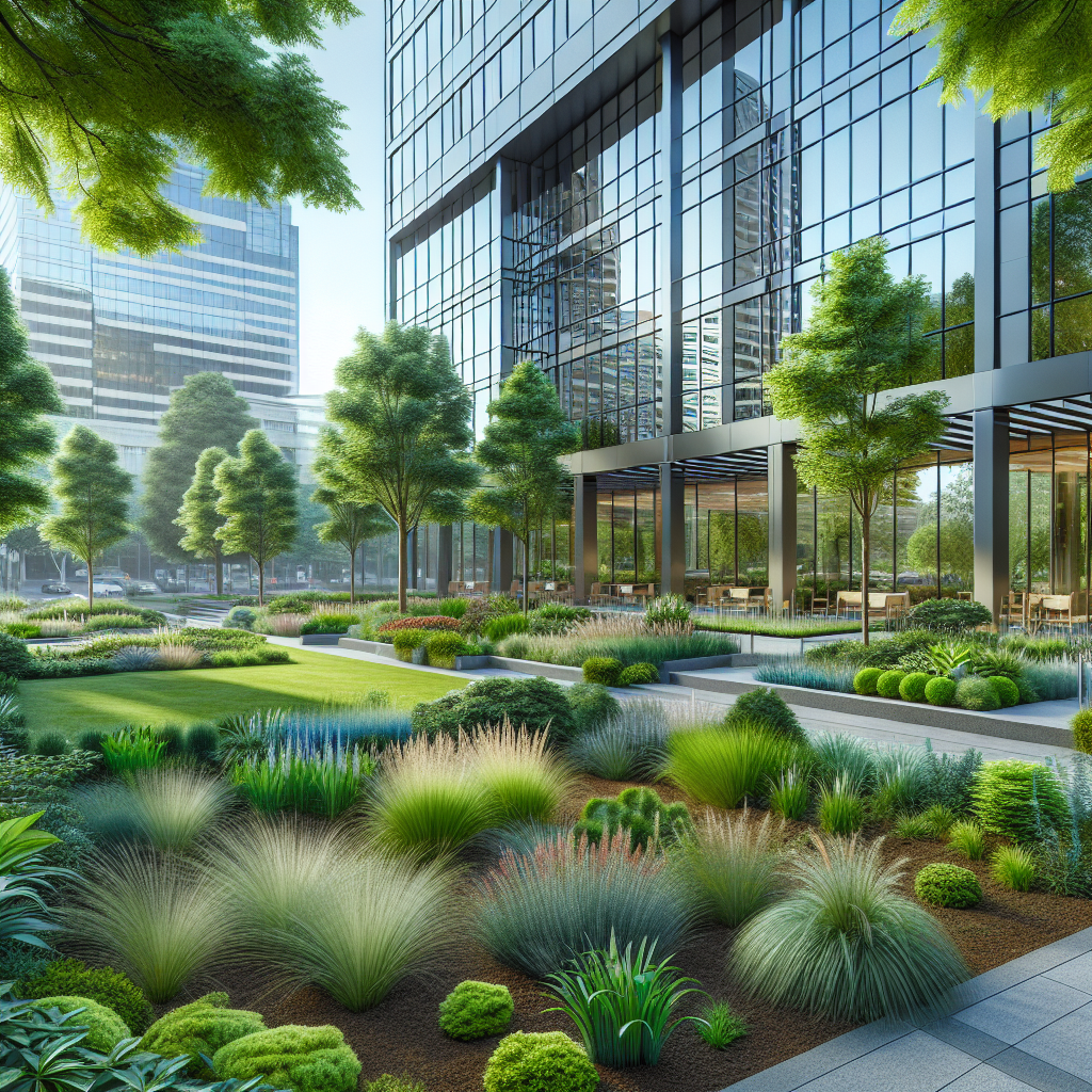 A realistic professional commercial landscape installation in Portland with vibrant plants, shrubs, trees, and modern office building in the background.