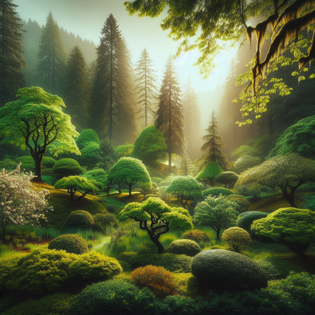 A realistic image of a lush Portland landscape with healthy trees and shrubs.