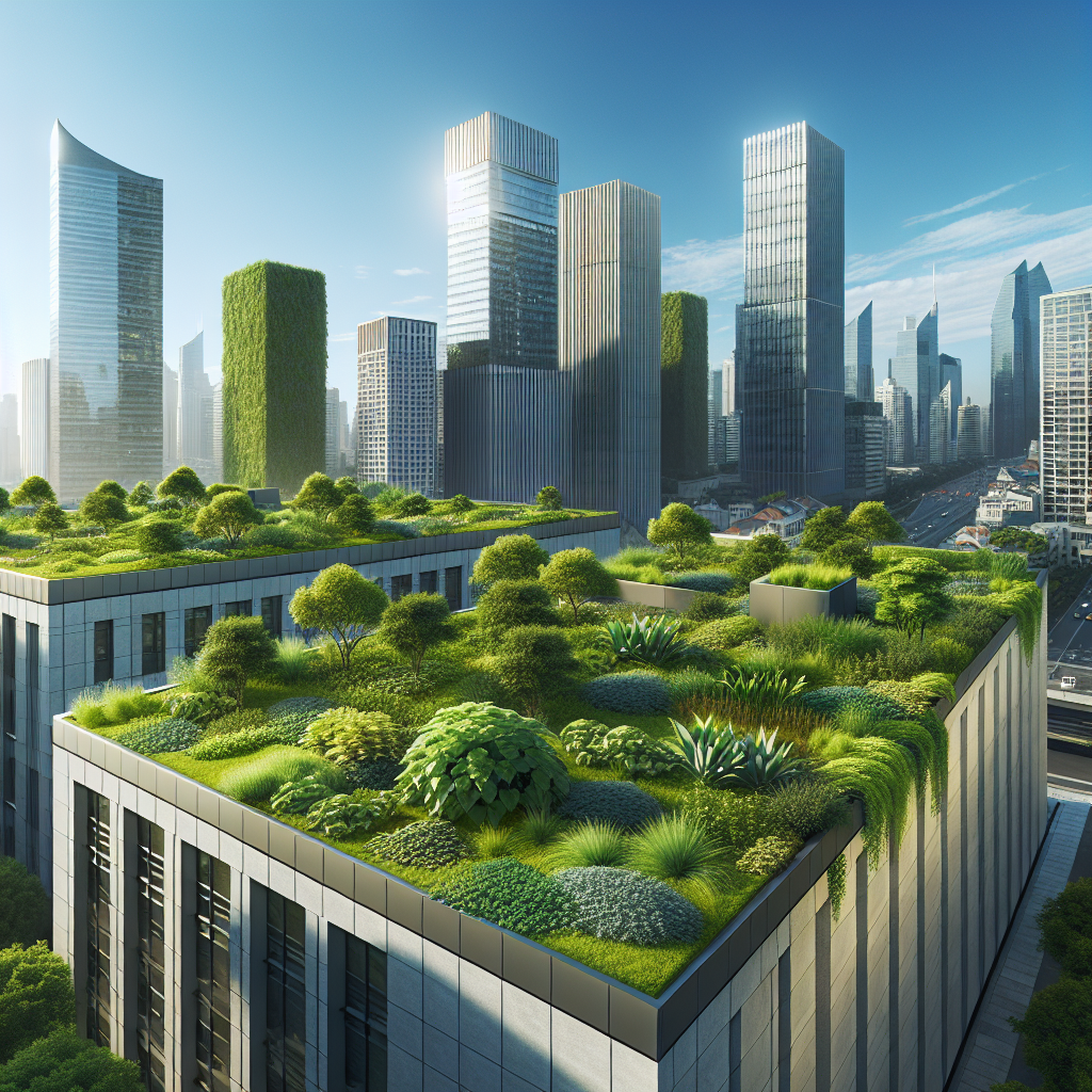 A realistic depiction of a green roof on an urban building, covered with lush vegetation and situated in a cityscape.