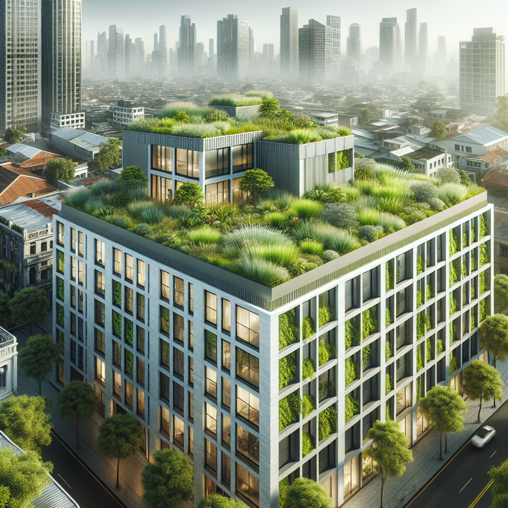 A realistic depiction of an urban green roof with diverse vegetation on a modern building.