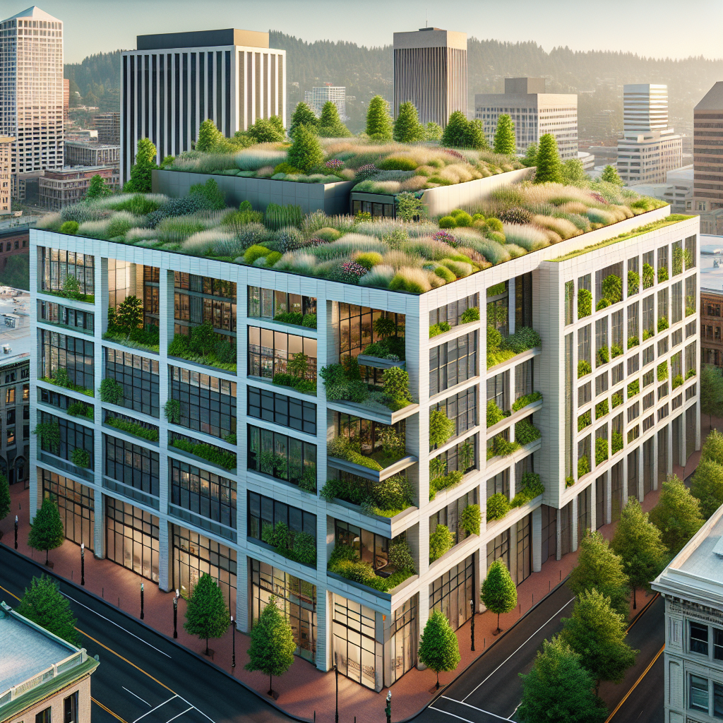 Realistic image of a green roof on a modern urban building in Portland.