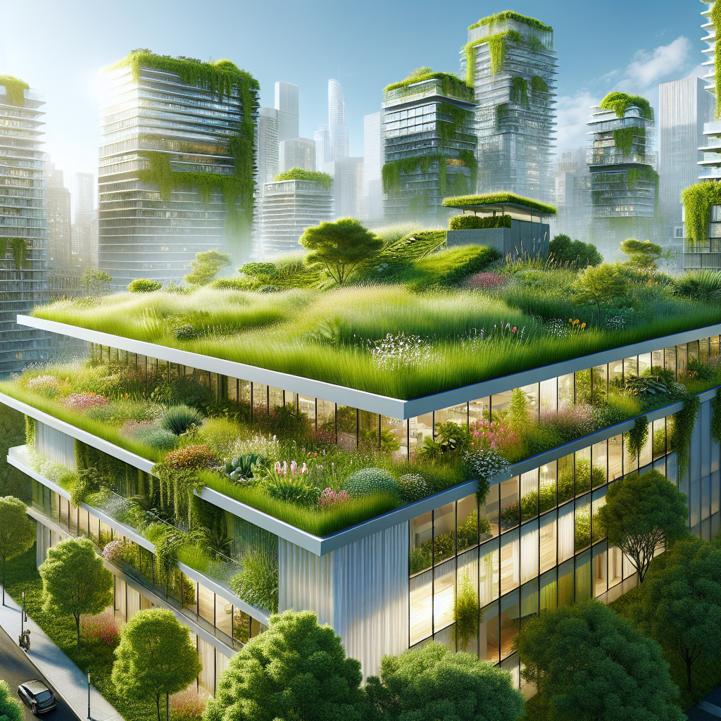 A realistic green roof on a modern building in an urban environment with various vegetation.