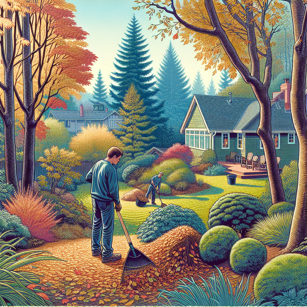 A realistic image of a suburban yard in Portland during seasonal clean-up, with autumn-colored trees and a gardener raking leaves.